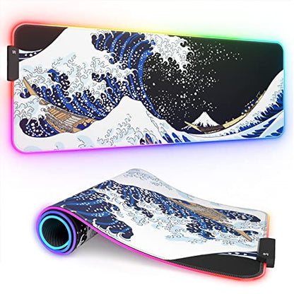ITNRSIIET RGB Gaming Mouse Pad, Full Desk XL Extended Large Gaming Mousepad, 12 Lighting Modes 30% Thicker Big LED Desk Mat for Gamers, 32 x 12 inches, Japanese Waves - color: Japanese Waves