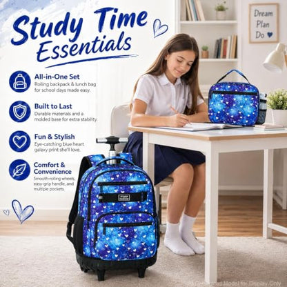 3Pcs Rolling Backpack for Girls Women, Travel Roller Backpacks with Wheels for Adults, Teens College Love Polka Dots Wheeled Bookbag with Lunch Box(Blue) - color: Blue
