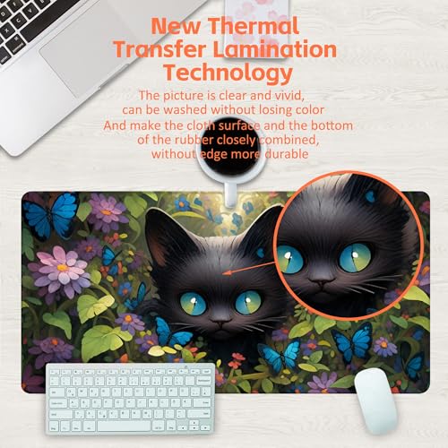 Desk Pad, Cute Black Cat Desk Mat, Cat Among Butterfly Flowers Large Gaming Mouse Pad for Desk, 31.5"x15.7" Extended Big Computer Keyboard Mouse Pad with Non-Slip Base and Stitched Edge - color: Cute Black Cat