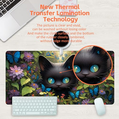 Desk Pad, Cute Black Cat Desk Mat, Cat Among Butterfly Flowers Large Gaming Mouse Pad for Desk, 31.5"x15.7" Extended Big Computer Keyboard Mouse Pad with Non-Slip Base and Stitched Edge - color: Cute Black Cat
