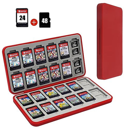 FYY Nintendo Switch Game Case Holder for Switch 2 Cartridge, Red | 24 Game Card Slots & 48 Micro SD Card Slots, Hard Shell, Silicone Lining - color: A-Red