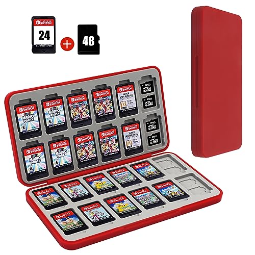 FYY Nintendo Switch Game Case Holder for Switch 2 Cartridge, Red | 24 Game Card Slots & 48 Micro SD Card Slots, Hard Shell, Silicone Lining - color: A-Red