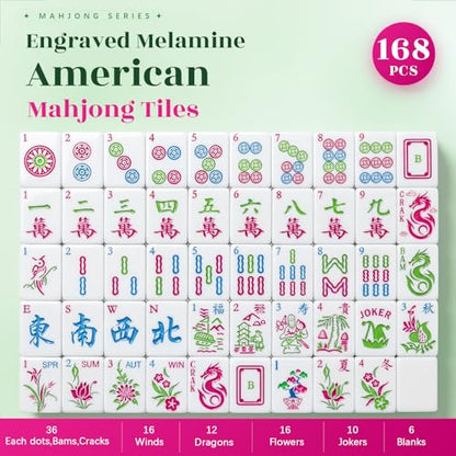 Soulchen 1.2 Inch American Mahjong Tile Set, 168 Engraved Mahjong Tiles with Tile Bag, Portable Canvas Tote Bag & 4 Dice - for Beginners & Enthusiasts Adult Game Collection Gift (Hot Pink, Modern)