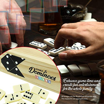 ERLLE - Dominoes Set, Premium Classic 28-Piece Double Six Domino Set with Wooden Case, Family & Kids Board Game, Mexican Train, Chicken Foot, and Classic Domino Games