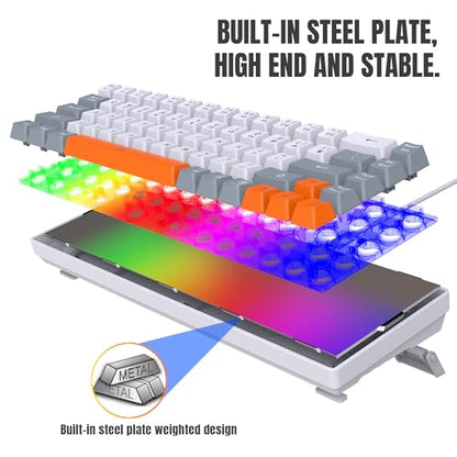 Snpurdiri 60% Wireless Gaming Keyboard and Mouse Combo,Rainbow Backlit Rechargeable 2000mAh Battery,Mini Mechanical Feel Keyboard +Popular RGB Mice for Gaming,Business Office(Gray-White-Orange) - color: White Gray Orange Combo
