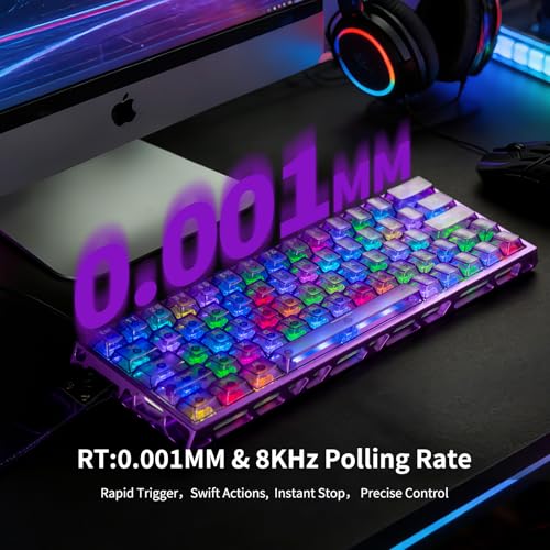 IROK MG63 64 Keys Wired Magnetic Switch Keyboard, 512KHZ All Keys Scan Rate, PCB Nano-Coating Waterproof, ARGB Light and Shadow Coexist 8KHZ/CNC Carved Aluminum Gaming Keyboard (Purple) - color: Purple