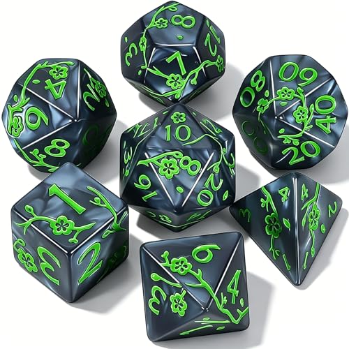 CiaraQ 7pcs Polyhedral Dice Set for Dungeon and Dragons MTG Table Games | Acrylic Role Playing Dice for D&D with Black Velvet Bag – Black Pearl with Green Numbers & Plum Blossom Patterns - color: Black and Green Floral Dice