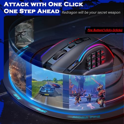 Redragon Gaming Mouse, MMO Mouse Gaming UP 12400 DPI, 19 Macro Programmable Buttons, RGB Mouse with 12 Side Buttons, 8 * 2.4g Weight Tuning for PC Laptop MOBA FPS, M901K, Black - color: Black-k
