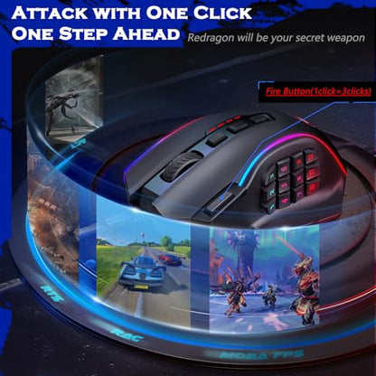Redragon Gaming Mouse, MMO Mouse Gaming UP 12400 DPI, 19 Macro Programmable Buttons, RGB Mouse with 12 Side Buttons, 8 * 2.4g Weight Tuning for PC Laptop MOBA FPS, M901K, Black - color: Black-k