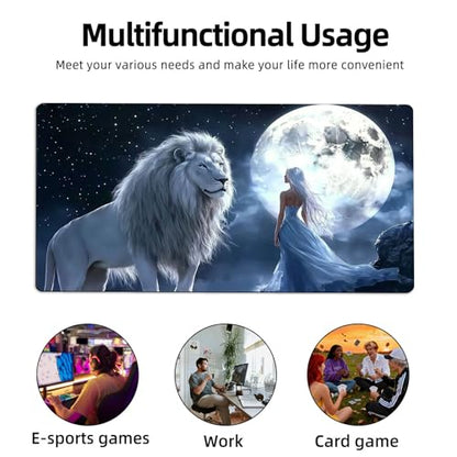 for MTG Playmat TCG Card Game Mat with Stitched Edges,Board Game Mats Non-Slip Waterproof Rubber Base 24 x 14 inch for CCG RPG DTCG Trading Card,Moonlight Lion Princess - color: Moonlight Lion Princess
