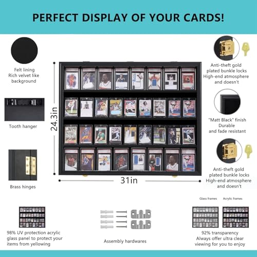 VERANI 36 Graded Sports Baseball Card Display Case Wall Mount Black 3PC | Lockable Trading Card Wall Cabinet,98% UV Block Acrylic Panel,Premium Wood Frame,Vertical Wall Mount Only - size: Large-Horizontal-Black-3Pack