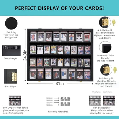 VERANI 36 Graded Sports Baseball Card Display Case Wall Mount Black 3PC | Lockable Trading Card Wall Cabinet,98% UV Block Acrylic Panel,Premium Wood Frame,Vertical Wall Mount Only - size: Large-Horizontal-Black-3Pack