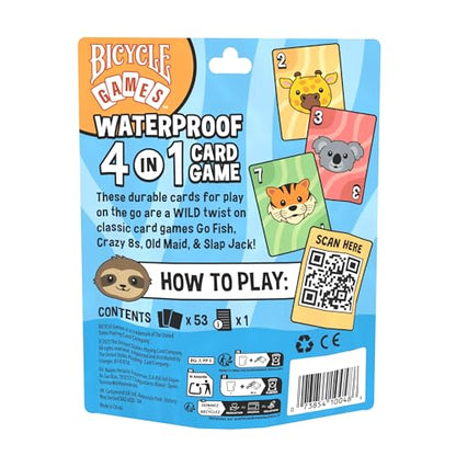Bicycle Waterproof 4-in-1 Card Games Set Plastic Deck Family Travel Pack | 4 games in 1 Crazy Apes Go Safari Old Goat and Snap Jack, Waterproof plastic, Re-sealable storage bag, Ages 6 and up