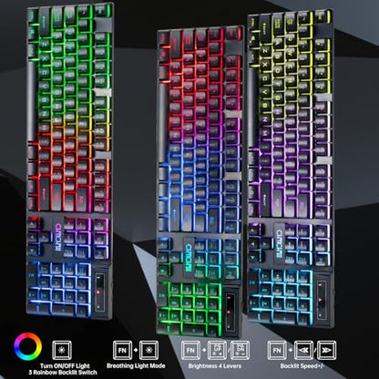 CHONCHOW Wireless Keyboard and Mouse Combo - 2.4G Rechargeable USB Rainbow LED Backlit Wireless Gaming Keyboard,Anti-ghosting Multimedia Keys Mechanical Feel for PC Laptops PS Xbox