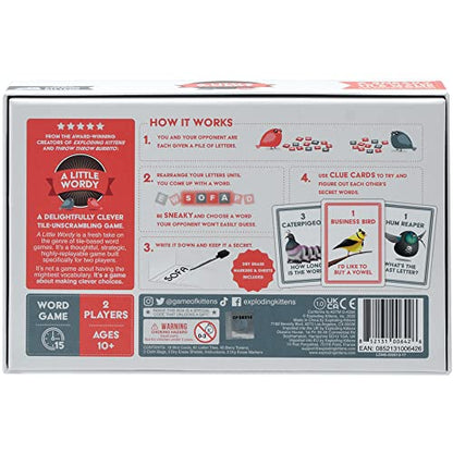 Exploding Kittens A Little Wordy, 2 Players, Age 10+ Letter Tile Game | Make a secret word, decode your opponent's clues, and outthink them in a clever 15-minute game made for two.