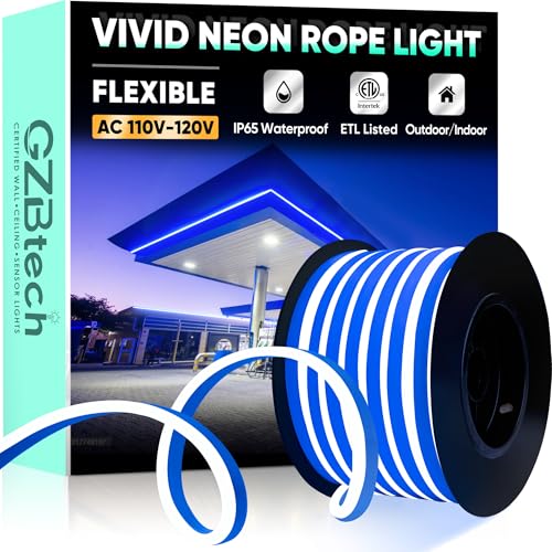 GZBtech Flexible LED Neon Rope Lights 50FT,AC 110-120V Waterproof Strip Light, 120 LEDs/M Cuttable Connectable Neon Lighting for Indoor Outdoor Home Decor/Commercial Building Use-Blue 15M, ETL Listed - color: Blue, size: 50FT
