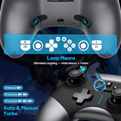 aghi Switch 2 Controller with Home Wake-up and C Button | Wireless Pro Controller for Switch 2/1/Lite/OLED with Loop Macro, Hall Effect Joysticks, HD Rumble, 6 Axis Gyro, Turbo - color: Silver Black