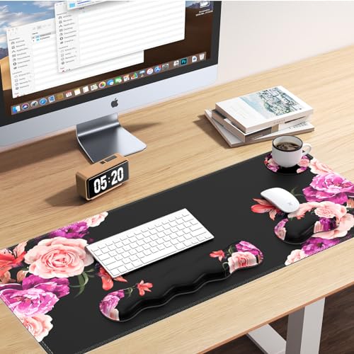 iLeadon Mouse Pad Set, Peony Flower Desk Mat for Keyboard and Mouse | Mouse Pad and Keyboard wrist rest,Coaster, Desk Mat Set with Stitched Edge & Non-Slip Base, Desk Pad Mat for Work Gaming - color: Peony Flower