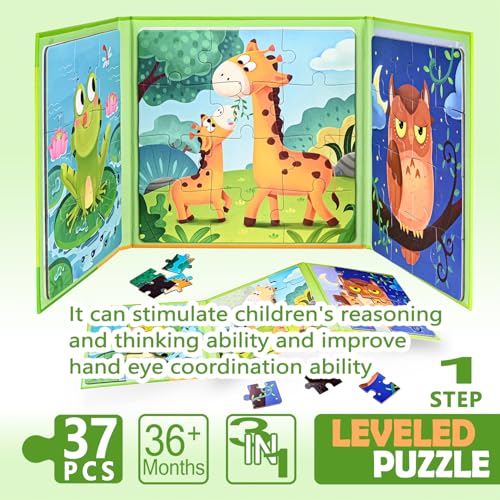 D-KINGCHY Magnetic Puzzles for Kids Ages 3+, 3-in-1 Puzzle Book 9 12 16 Pieces, Travel Jigsaw Puzzles, Road Trips Toys for 3 4 5 6 7 Boys Girls Birthday Gift (Animals) - style: Animals