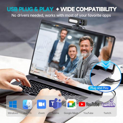 G53 4K Webcam with Noise-Canceling Microphone for PC Laptop | 120° Wide-Angle & Autofocus Video Streaming Computer Camera, Remote Control，works with Zoom/Teams/Switch 2/Mac