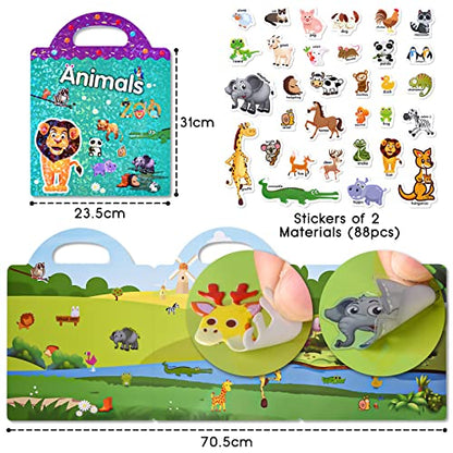 ASTARON Reusable Sticker Book for Toddlers, 88 Pcs Animal Stickers Road Trip Activities Car Airplane Activities Travel Toys for Kids, Kids Quiet Time Activities (3-6 Age) - style: Animals