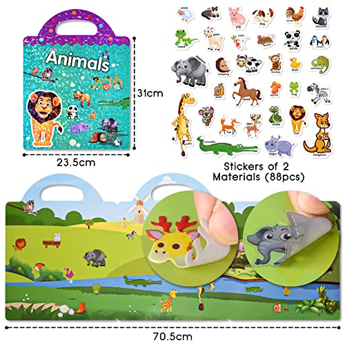 ASTARON Reusable Sticker Book for Toddlers, 88 Pcs Animal Stickers Road Trip Activities Car Airplane Activities Travel Toys for Kids, Kids Quiet Time Activities (3-6 Age) - style: Animals