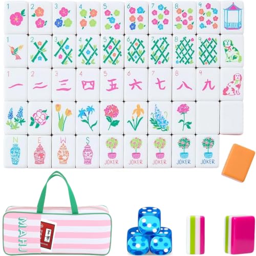 4 Layer Mahjong Tiles, 2026 Premium 160 Pcs Acrylic American Mahjong Tiles Set with Dice, Engraved Four Layer Mahjong Tile with Exquisite Carrying Bag, Home Trips Social Game (Bright Floral) - color: Bright Floral