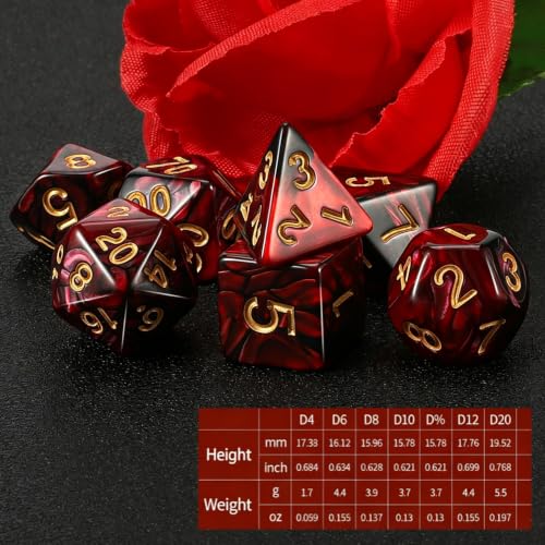 QMAY DND Dice Set -D&D Polyhedral Dice (7 Pcs) for Dungeons and Dragons (Red and Black) - color: Red and Black