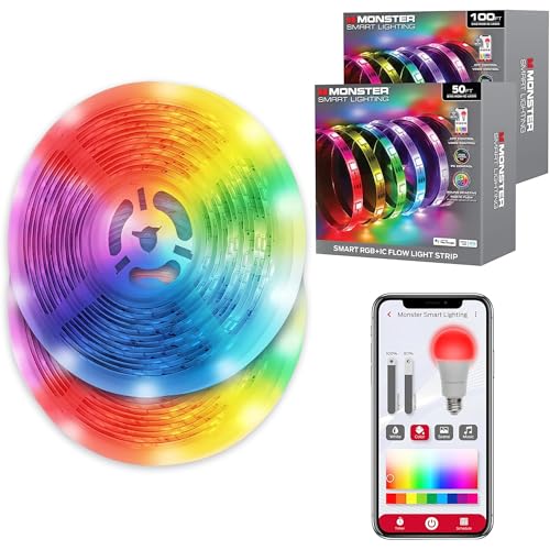 Monster Smart RGB+IC LED Strip Lights – Sound Reactive Strip Lights for Bedroom, App & Voice Control, RGB Light Strip for Room, Alexa Google Home, Razer Chroma Sync (150ft) - size: 150ft