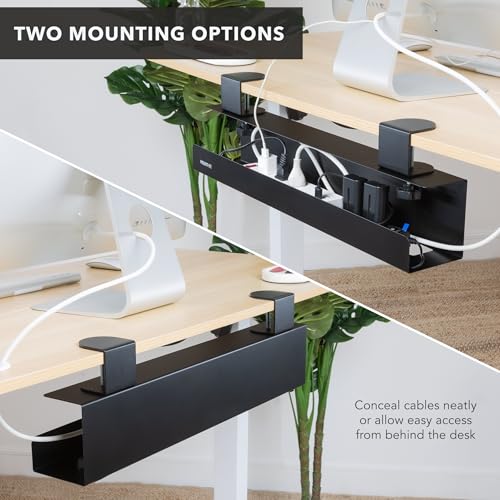 Mount-It! Under Desk Cable Management Tray – Clamp-On No-Drill Metal Cable Management Tray for Desk & Standing Desk, Wire & Cord Organizer for Power Strips, Glass Desks – 23.6” Black