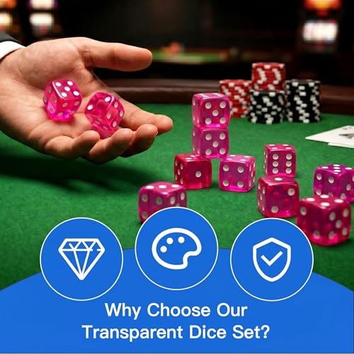12 Piece 19 mm Casino Style Dice Set, Acrylic Translucent D6 Dice with Square Rounded Edge, Rose Red for Craps, Table Games, Board Games, RPG, MTG, DND(Rose red) - color: Rose Red