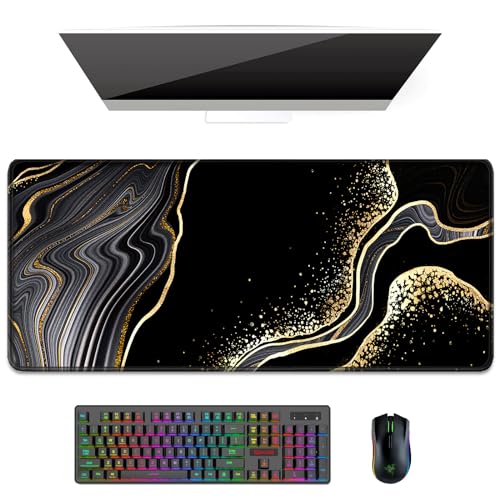 Auhoahsil Desk Pad, XL Extended Large Gaming Mouse Pad 31.5 x 11.8 Inch, Waterproof Mousepad with Stitched Edges, Non-Slip Computer Keyboard Laptop Mat for Women Men Office Work, Black Gold River - color: 05 Black Gold Marble, size: 11.8L x 31.5W inches
