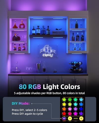 EZVALO 80RGB Color Changing Under Cabinet Lighting Wireless, 1800mAh Rechargeable Led Strip Shelf Lights, Timer & Dimmable Bar Light with Remote for Kitchen, Bedroom, Display Case, 6Pack