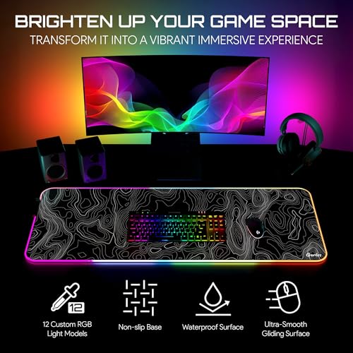 Gerlos RGB Gaming Mouse Pad, Large LED Desk Mat, 31.5 x 11.8 Inch | 12 light modes, non-slip base, water-resistant surface, stitched edges - color: Black