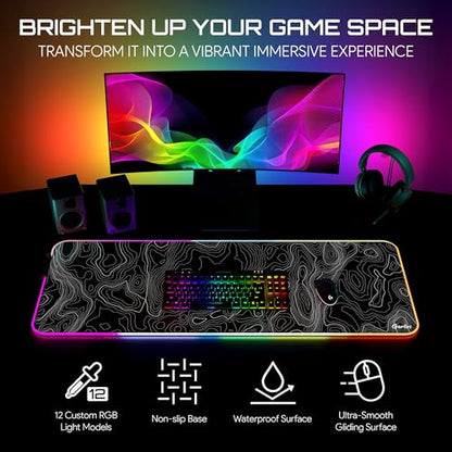 Gerlos RGB Gaming Mouse Pad, Large LED Desk Mat, 31.5 x 11.8 Inch | 12 light modes, non-slip base, water-resistant surface, stitched edges - color: Black