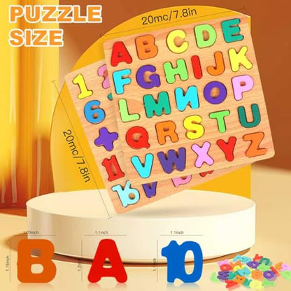 2 Pack Wooden Puzzles, Toddlers Alphabet Number Puzzles, ABC Learning Toys for Kids Ages 3-5, Preschool Learning Activities Gift Set for Boys & Girls