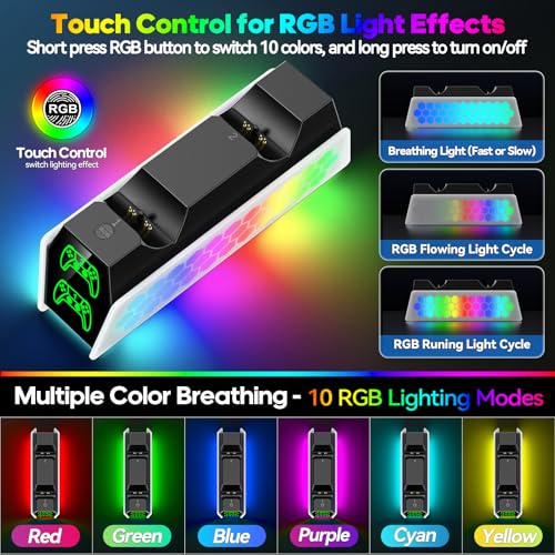 PS5 Controller Charger Station Compatible with DualSense & Edge Controllers, PS5 Charging Station Docking with RGB Light & LED Indicator for PS4 Controller Charger