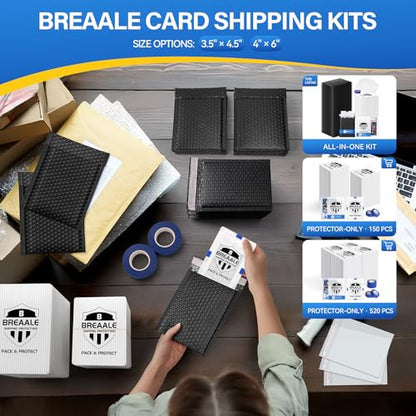 Trading Card Shipping Kit, Includes 100 4'' x 6'' Graded Card Shipping Protectors, 50 6'' x 8.7'' Envelope Bubble Mailers, 20M Painter’s Tape, 50 Cellophane Bags, PSA BGS CGC Slabs & Raw - color: 4'' x 6''