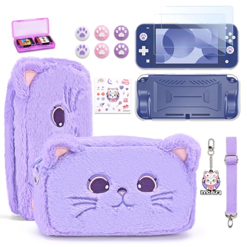 innoAura Switch Lite Case 14-in-1 Accessories Bundle for NS Switch Lite (2019), with Protective Carrying Case, Game Holder, Screen Protector & Cute Thumb Grips, Purple Cat Plush Bag - color: Cat, size: for Switch Lite (2019)