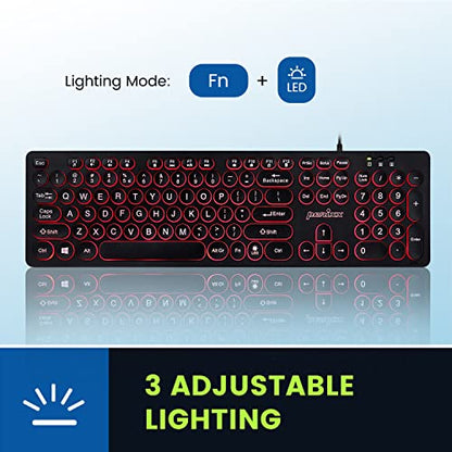 Perixx PERIBOARD-317R Wired Backlit USB Keyboard - Big Print Letter - Tri-Color Illuminated LED - Stylish Round Keycaps - US English - style: Tri-Color Backlit