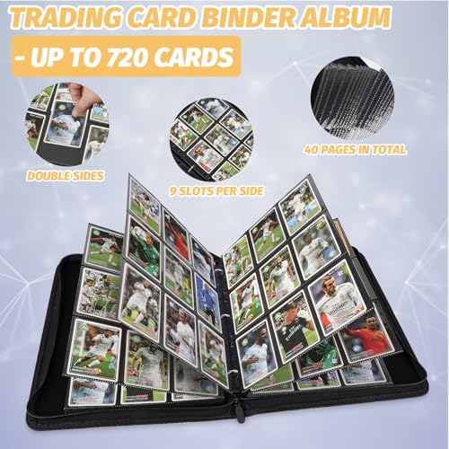 GERMUN 3 Ring 9 Pocket Zipper Card Binder, 720 Double Sided Standard PU Trading Card Album Folder for TCG & Sports Cards, Not Fit Top Loaders (Dimond Blue) - color: 9 Pocket 720 Dimond Blue