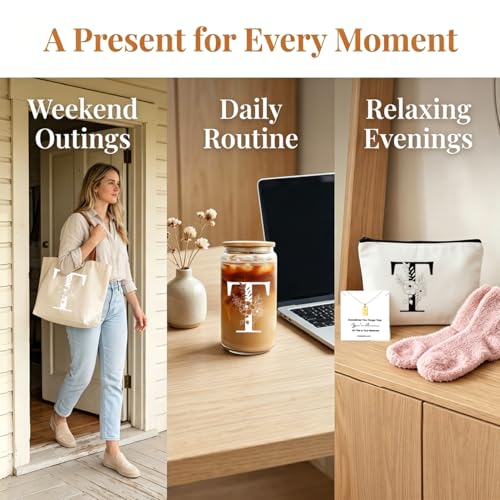 DHQH Birthday Gifts for Women, Monogrammed Gifts Box Included 16 oz Initial Glass Drinking Cup,Canvas Tote Bag, Personalized Iced Coffee Tumbler Gift for Women Her Mom Teacher Friends Sister, T - color: letter-cup-t