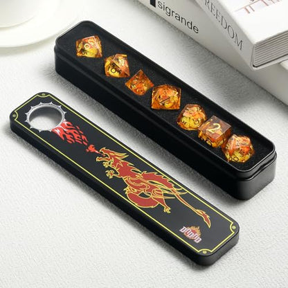 DNDND Red Dragon Dice with Gold Numbers | Liquid Core 7-Piece Sharp Edge Resin DND Dice Set | Dragon Themed Collectible Metal Case | RPG Tabletop Gaming Gift - color: Liquid Dragon Gold