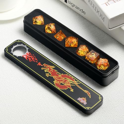 DNDND Red Dragon Dice with Gold Numbers | Liquid Core 7-Piece Sharp Edge Resin DND Dice Set | Dragon Themed Collectible Metal Case | RPG Tabletop Gaming Gift - color: Liquid Dragon Gold
