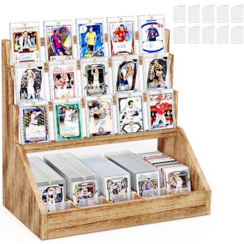 Emfogo Trading Card Display, 3-Tier Card Display Stand with 5-Row Storage, Wooden Graded Card Display, Large Capacity Sports Cards Display Case for Cards Game Collection (Brown) - color: Brown