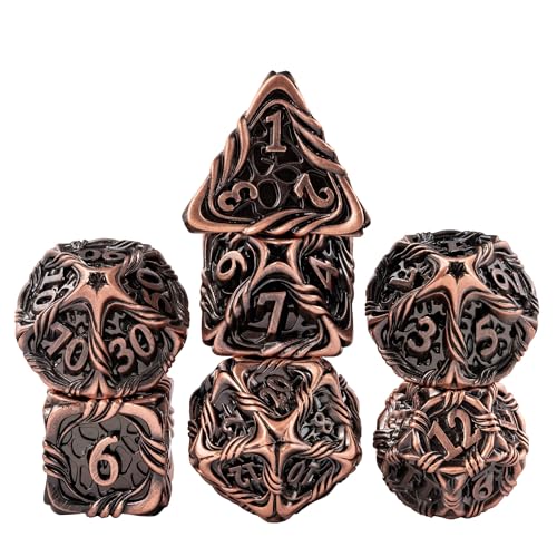 7-Die Metal DND Dice Set Role Playing Dice for RPG Table Games | Vine Design PU Leather Pouch for Dungeons and Dragons - color: Vine-ancient Copper