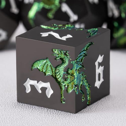 Dungeons and Dragons Dice DND Metallic Dragon Dice Set Sharp Edged Dice Set with Box, Polyhedral D&D Role Playing Game D&D Dice Set D20 D12 D10 D8 D6 D4 - color: Dragon-pearl Gun Sparkling Green