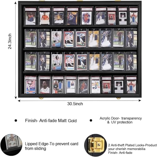 VERANI 36 Graded Sports Baseball Card Display Case Wall Mount Black | Lockable Trading Card Wall Cabinet,98% UV Block Acrylic Panel,Premium Wood Frame,Vertical Wall Mount Only - size: Large-Horizontal-Black-GoldLock