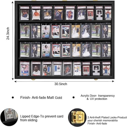 VERANI 36 Graded Sports Baseball Card Display Case Wall Mount Black | Lockable Trading Card Wall Cabinet,98% UV Block Acrylic Panel,Premium Wood Frame,Vertical Wall Mount Only - size: Large-Horizontal-Black-GoldLock