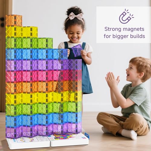 Premium Magnetic Tiles 100pcs: Durable STEM Building Blocks Kids 3-8 | Iron case with handle, lid as play base. 7.5cm tiles, sealed, ASTM & CPSIA safe. Montessori STEM for preschool. Gift 3-8 - size: 100 PCS